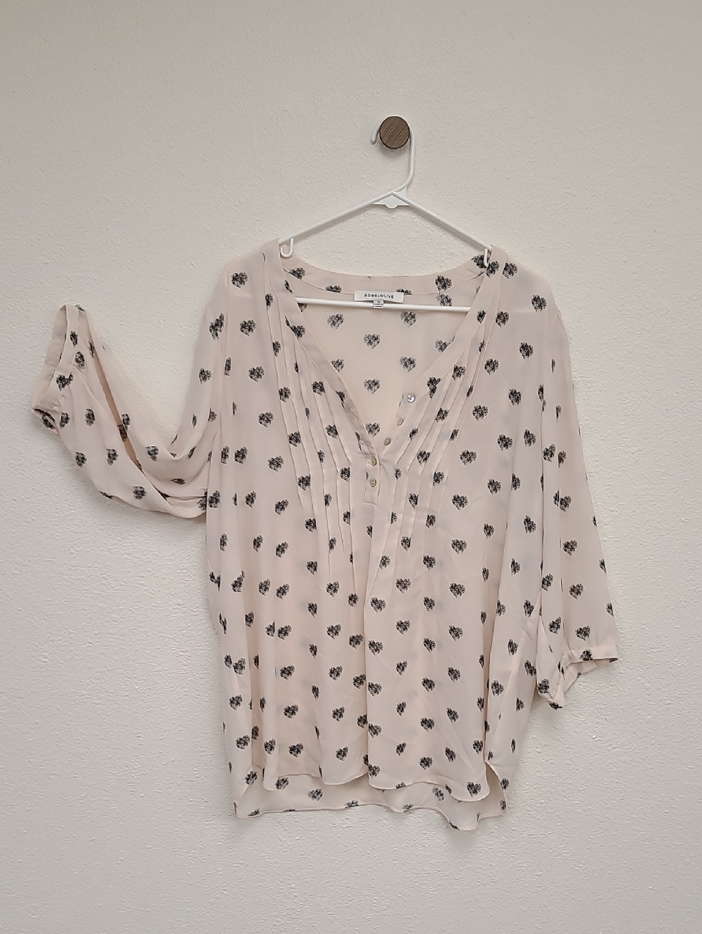 Light Pink Button-Front Blouse With Heart Pattern